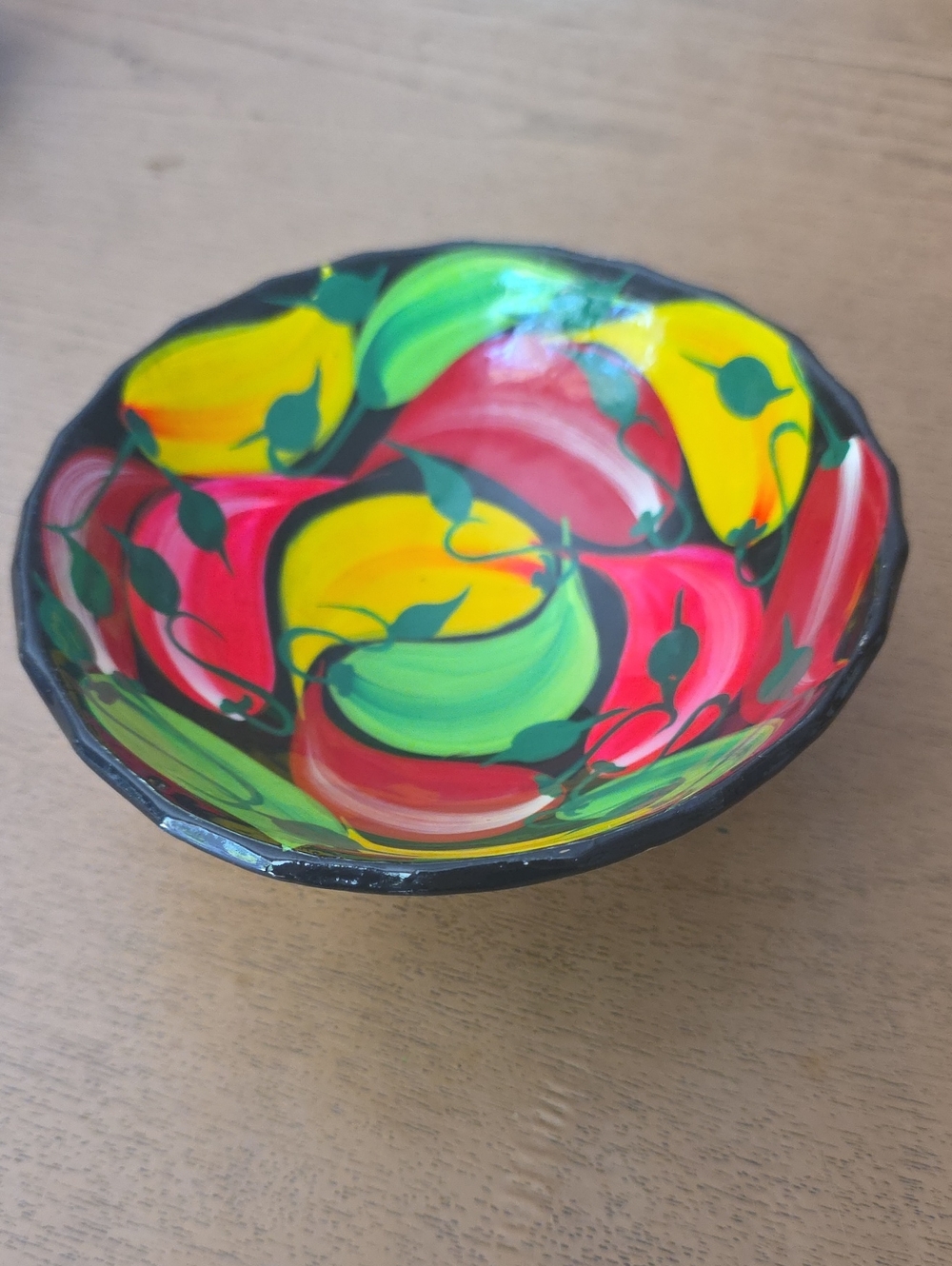 Hand-Painted Decorative Bowl in Red, Yellow & Green